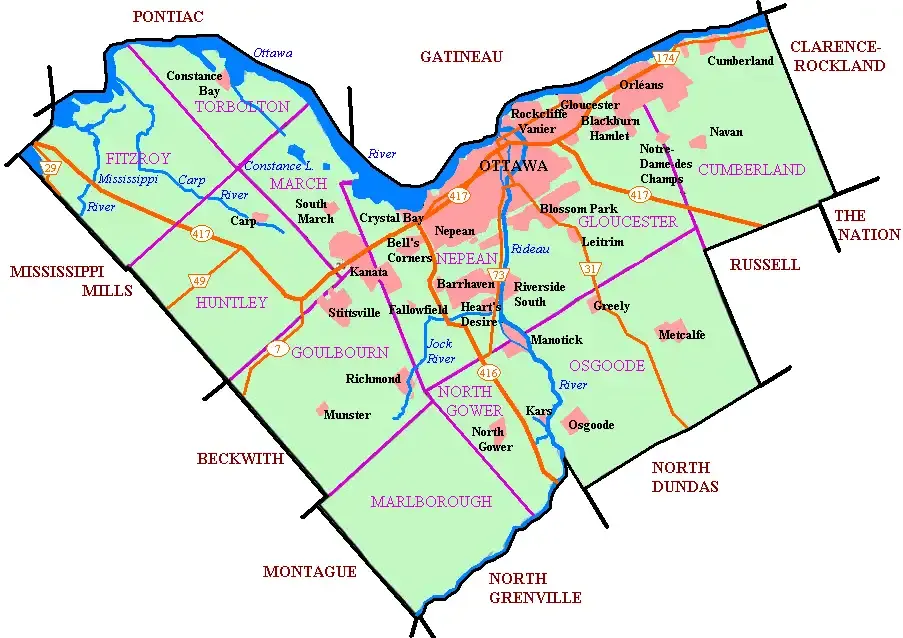 Map of the Canadian Towing service area around Ottawa